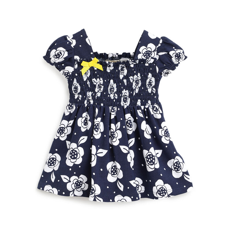 Girls White and Blue Printed Short Sleeve Dress image number 0